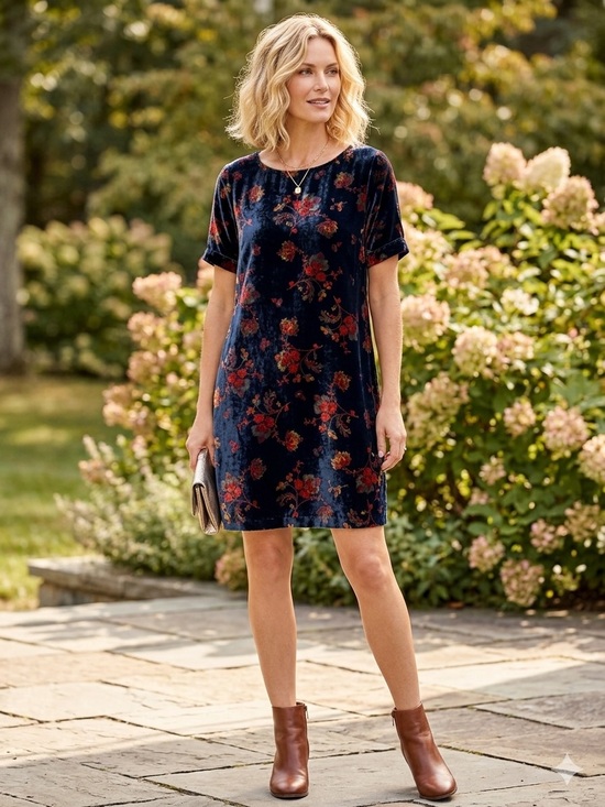 LOFT Dresses & Skirts - LOFT Navy Velvet Floral Mini Dress with Red Accents